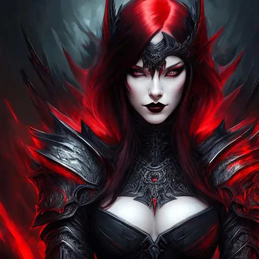 Prompt: girl , hell, demon, 30 years old, long red hair with black highlights, black conjunctiva with red iris, goth armor , elbow on knees hands together, seatting on a the hell throne, parted bangs, ethereal, royal vibe, highly detailed, digital painting, Trending on artstation, Big Eyes, artgerm, highest quality stylized character concept masterpiece, award winning digital 3d oil painting art, hyper-realistic, intricate, 64k, UHD, HDR, image of a gorgeous, beautiful, dirty, highly detailed face, hyper-realistic facial features, perfect anatomy in perfect composition of professional, long shot, sharp focus photography, cinematic 3d volumetric