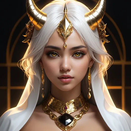Prompt: female, colored skin, black skin, colored black skin, gold horns, curves, lava lamp horns, visible shoulders, detached sleeves, belly, jewelry, gold chain, necklace, white dress, cape with inner lining cosmic (black and gold), colored sclera, yellow eyes, black sclera, bow, low cut, keyhole, navel, white veil, ultra-detailed, high definition,wore, face, UHD , 300K , 50mm, f/1.4, sharp focus, reflections, high-quality background , UHD, sharp focus, reflections, high-quality background illustration by Marc Simonetti Carne Griffiths, Conrad Roset, 3D anime girl, Full HD render + immense detail + dramatic lighting + well lit + fine | ultra - detailed realism, full body art, lighting, high - quality, engraved, ((photorealistic)), ((hyperrealistic)), ((perfect eyes)), ((perfect skin)), ((perfect hair)), ((perfect shadow)), ((perfect light)) 800k UHD 100mm. 4D. 300k, 50mm, f/1.4, sharp focus, reflections, high-quality background , UHD, sharp focus, reflections, high-quality background illustration by Marc Simonetti Carne Griffiths, Conrad Roset, 3D anime girl, Full HD render + immense detail + dramatic lighting + well lit + fine | ultra - detailed realism, full body art, lighting, high - quality, engraved, ((photorealistic)), ((hyperrealistic)), ((perfect eyes)), ((perfect skin)), ((perfect hair)), ((perfect shadow)), ((perfect light))