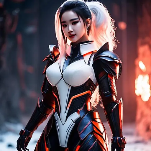 Prompt: white and black light armor with big cleavage , big ponytail hair , red gradient hair , orange gradient eye ,  android 