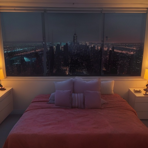 Prompt: a luxury bedroom , neon ,windows with a view of New York at night