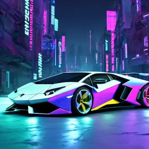 Prompt: 1 Lamborghini ultra-futurist design color  holographic background cyberpunk  town