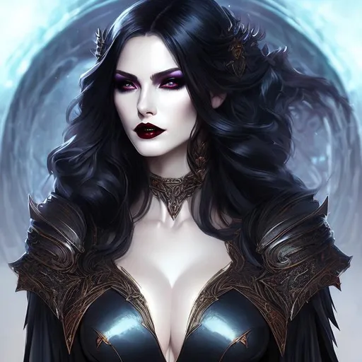 Prompt: women , hell, vampire ,  light armor with big cleavage ,long  black hair with white highlights, gradient golden iris , goth clothe , cape , moon, elbow on knees hands together, seatting on a the hell throne, parted bangs, ethereal, royal vibe, highly detailed, digital painting, Trending on artstation, Big Eyes, artgerm, highest quality stylized character concept masterpiece, award winning digital 3d oil painting art, hyper-realistic, intricate, 64k, UHD, HDR, image of a gorgeous, beautiful, dirty, highly detailed face, hyper-realistic facial features, perfect anatomy in perfect composition of professional, long shot, sharp focus photography, cinematic 3d volumetric