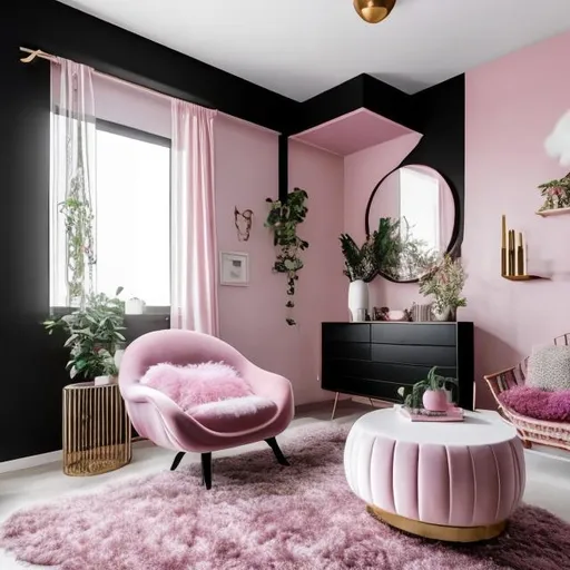 Prompt: 1 cozy armchair, pink, fluffy, in a living room with a black tiled floor, two windows with black hangings, walls with powder pink tapestry and gold designs, a natural wood wardrobe, a designer radiator, a designer chandelier with white feathers, a white carpet below a rectangular black designer living room coffee table, large flat screen TV on the walls with small designer storage unit below the TV on the floor, sound bars on either side small TV storage unit, bouquet of red roses in a black and white designer vase on the table

Illustration by Makoto shinkai.

heavenly beauty, 128k, 50mm, f/1. 4, high detail, sharp focus, perfect anatomy, highly detailed, detailed and high quality background, oil painting, digital painting, Trending on artstation, UHD, 128K, quality, Big Eyes, artgerm, highest quality stylized character concept masterpiece, award winning digital 3d, hyper-realistic, intricate, 128K, UHD, HDR, image of a gorgeous, beautiful, dirty, highly detailed face, hyper-realistic facial features, cinematic 3D volumetric,  3D anime girl, Full HD render + immense detail + dramatic lighting + well lit + fine | ultra - detailed realism, full body art, lighting, high - quality, engraved, ((photorealistic)), ((hyperrealistic))