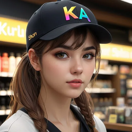 Prompt: Young woman, ponytail black with rainbow highlights mossy yellow gold eyes, a baseball cap placed carelessly on her head ((K/DA)). She has her head resting on one hand. She has black makeup, with black kohl. She is behind the counter of a geek store. She seems to be deeply bored, her hand holds her head. Dark atmosphere, old shop. She has a badge with her name, "Lucy". Flawless text , parted bangs. 4D. 300k, 50mm, f/1.4, sharp focus, reflections, high-quality background , UHD, sharp focus, reflections, high-quality background illustration by Marc Simonetti Carne Griffiths, Conrad Roset, 3D anime girl, Full HD render + immense detail + dramatic lighting + well lit + fine | ultra - detailed realism, full body art, lighting, high - quality, engraved, ((photorealistic)), ((hyperrealistic)), ((perfect eyes)), ((perfect skin)), ((perfect hair)), ((perfect shadow)), ((perfect light)) 800k UHD 100mm. 4D. 300k, 50mm, f/1.4, sharp focus, reflections, high-quality background , UHD, sharp focus, reflections, high-quality background illustration by Marc Simonetti Carne Griffiths, Conrad Roset, 3D anime girl, Full HD render + immense detail + dramatic lighting + well lit + fine | ultra - detailed realism, full body art, lighting, high - quality, engraved, ((photorealistic)), ((hyperrealistic)), ((perfect eyes)), ((perfect skin)), ((perfect hair)), ((perfect shadow)), ((perfect light))