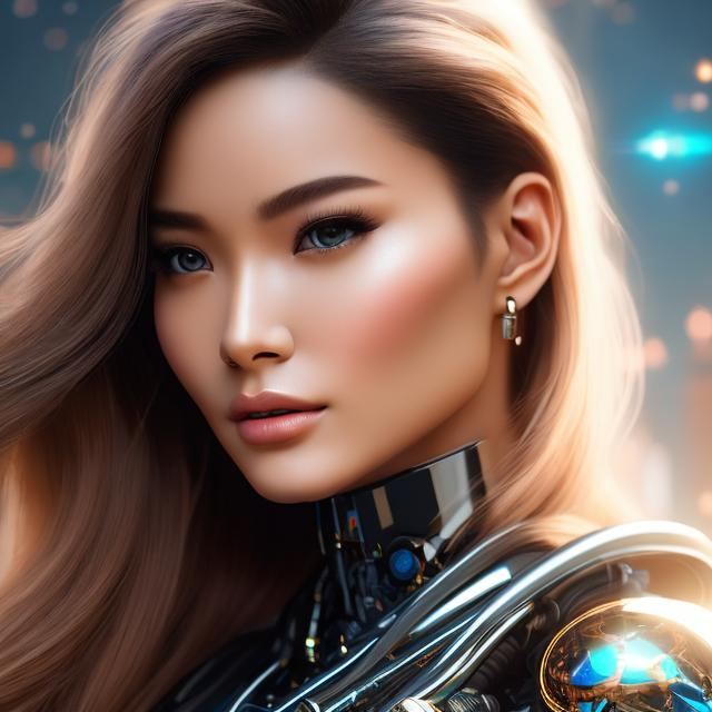 Prompt: Capture a precise, professional-grade in the highest possible quality photography woman cyborg 

heavenly beauty, 128k, 50mm, f/1. 4, high detail, sharp focus, perfect anatomy, highly detailed, detailed and high quality background, oil painting, digital painting, Trending on artstation, UHD, 128K, quality, Big Eyes, artgerm, highest quality stylized character concept masterpiece, award winning digital 3d, hyper-realistic, intricate, 128K, UHD, HDR, image of a gorgeous, beautiful, dirty, highly detailed face, hyper-realistic facial features, cinematic 3D volumetric, illustration by Marc Simonetti, Carne Griffiths, Conrad Roset, 3D anime girl, Full HD render + immense detail + dramatic lighting + well lit + fine | ultra - detailed realism, full body art, lighting, high - quality, engraved, ((photorealistic)), ((hyperrealistic)),  ((perfect eyes)), ((perfect skin)), ((perfect hair))