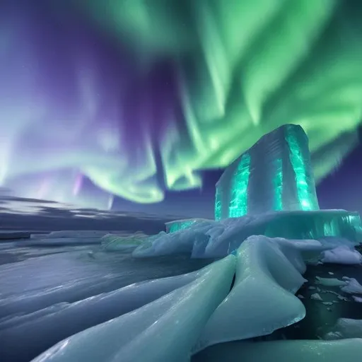 Prompt: ice, Building with wave concept architecture , night , Aurora borealis