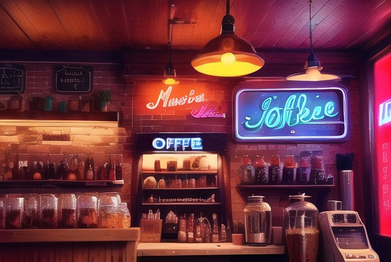 Prompt: coffee bar ((interior)) vintage old school neon
80's