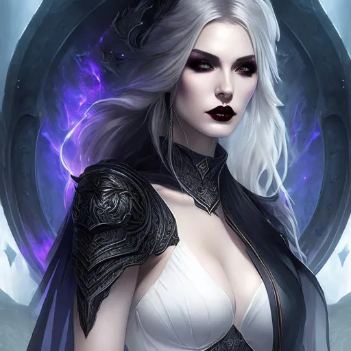 Prompt: women , hell, vampire ,  light armor with big cleavage ,long  white hair with black highlights, gradient golden iris , goth clothe , cape , moon, elbow on knees hands together, seatting on a the hell throne, parted bangs, ethereal, royal vibe, highly detailed, digital painting, Trending on artstation, Big Eyes, artgerm, highest quality stylized character concept masterpiece, award winning digital 3d oil painting art, hyper-realistic, intricate, 64k, UHD, HDR, image of a gorgeous, beautiful, dirty, highly detailed face, hyper-realistic facial features, perfect anatomy in perfect composition of professional, long shot, sharp focus photography, cinematic 3d volumetric