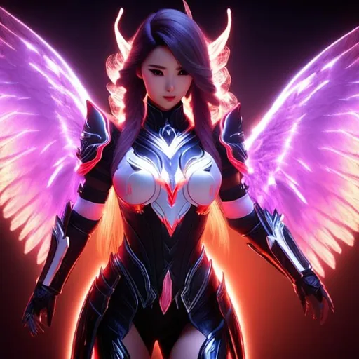 Prompt: white and black light armor with big cleavage , big ponytail hair , red gradient hair , orange gradient eye ,  android , angel wing