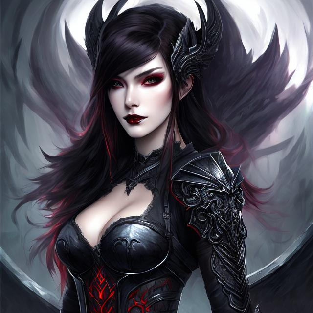 Prompt: teenage , hell, demon, 20 years old, 
light armor with big cleavage ,long ponytail red hair with black highlights, black conjunctiva with red iris, goth clothe , elbow on knees hands together, seatting on a the hell throne, parted bangs, ethereal, royal vibe, highly detailed, digital painting, Trending on artstation, Big Eyes, artgerm, highest quality stylized character concept masterpiece, award winning digital 3d oil painting art, hyper-realistic, intricate, 64k, UHD, HDR, image of a gorgeous, beautiful, dirty, highly detailed face, hyper-realistic facial features, perfect anatomy in perfect composition of professional, long shot, sharp focus photography, cinematic 3d volumetric