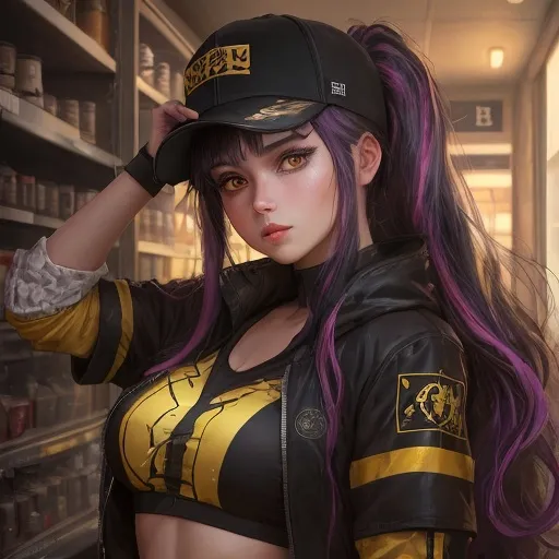 Prompt: Young woman, ponytail black with 
rainbow highlights mossy yellow gold eyes, a baseball cap placed carelessly on her head ((K/DA)). K/DA clothes She has her head resting on one hand. She has black makeup, with black kohl. She is behind the counter of a geek store. She seems to be deeply bored, her hand holds her head. Dark atmosphere, old shop. She has a badge with her name, "Lucy". Flawless text , parted bangs. 4D. 300k, 50mm, f/1.4, sharp focus, reflections, high-quality background , UHD, sharp focus, reflections, high-quality background
illustration by Marc Simonetti Carne Griffiths, Conrad Roset, 3D anime girl, Full HD render + immense detail + dramatic lighting + well lit + fine | ultra - detailed realism, full body art, lighting, high - quality, engraved, ((photorealistic)), ((hyperrealistic)), ((perfect eyes)), ((perfect skin)), ((perfect hair)), ((perfect shadow)), ((perfect light))