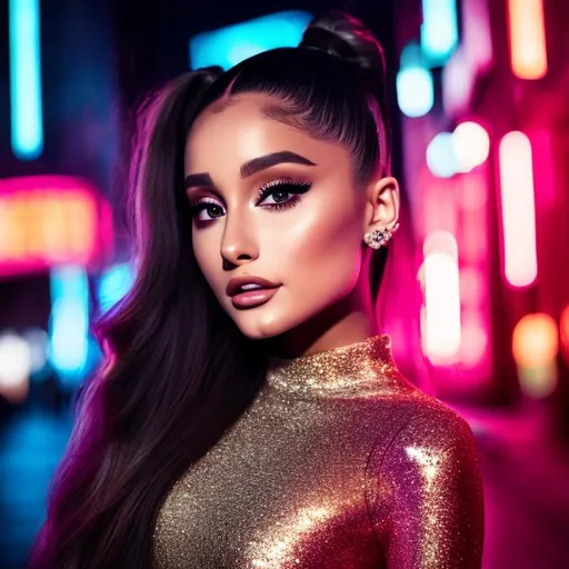 Prompt: Photo, portrait, very close up, 1girl, Ariana Grande , lipstick gloss, crouching in a narrow street, illuminated by neon lights at night, in front of a night club, looking directly at the camera, low-angle shot, heavenly beauty, 8k, 50mm, f/1. 4, high detail, sharp focus, perfect anatomy, highly detailed, detailed and high quality background, oil painting, digital painting, Trending on artstation, UHD, 128K, quality, Big Eyes, artgerm, highest quality stylized character concept masterpiece, award winning digital 3d, hyper-realistic, intricate, 128K, UHD, HDR, image of a gorgeous, beautiful, dirty, highly detailed face, hyper-realistic facial features, cinematic 3D volumetric, illustration by Marc Simonetti, Carne Griffiths, Conrad Roset, 3D anime girl, Full HD render + immense detail + dramatic lighting + well lit + fine | ultra - detailed realism, full body art, lighting, high - quality, engraved |