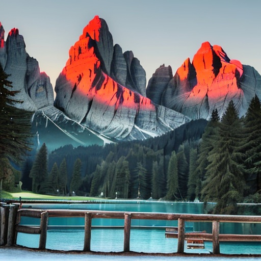 Prompt: a mountain ((Dolomites)) with a lake and a forest around wooden barriers