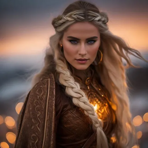 Prompt: a norse shamanic woman with long blonde braided hair light norse leather clothing with little fur shamanic painting face Fashion photography, Pulitzer Prize-winning photography, Bokeh, Volumetric Lighting, Golden Hour, Soft natural lighting, and Film gain.portrait heavenly beauty, 128k, 50mm, f/1. 4, high detail, sharp focus, perfect anatomy, highly detailed, detailed and high quality background, oil painting, digital painting, Trending on artstation, UHD, 128K, quality, Big Eyes, artgerm, highest quality stylized character concept masterpiece, award winning digital 3d, hyper-realistic, intricate, 128K, UHD, HDR, image of a gorgeous, beautiful, dirty, highly detailed face, hyper-realistic facial features, cinematic 3D volumetric, illustration by Marc Simonetti, Carne Griffiths, Conrad Roset, 3D anime girl, Full HD render + immense detail + dramatic lighting + well lit + fine | ultra - detailed realism, full body art, lighting, high - quality, engraved, ((photorealistic)), ((hyperrealistic)), ((perfect eyes)), ((perfect skin)), ((perfect hair))