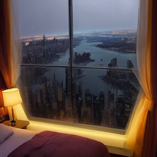 Prompt: a luxury bedroom , neon ,windows with a view of New York at night