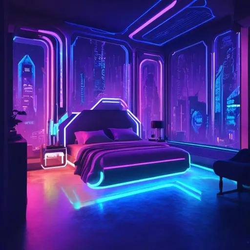 Prompt: an bedroom ultra-futurist design color holographic background cyberpunk town