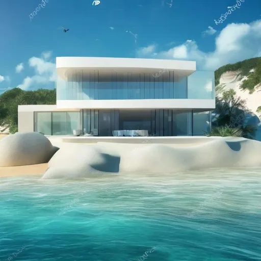 Prompt: house with wave concept architecture , beach , 
crystal clear water