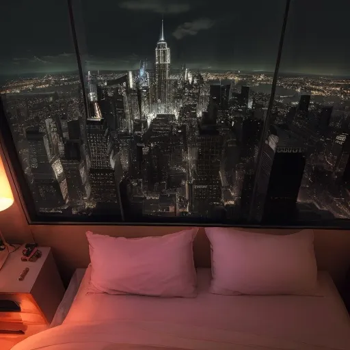 Prompt: a luxury bedroom , neon ,windows with a view of New York at night ((view of empire state bulding))