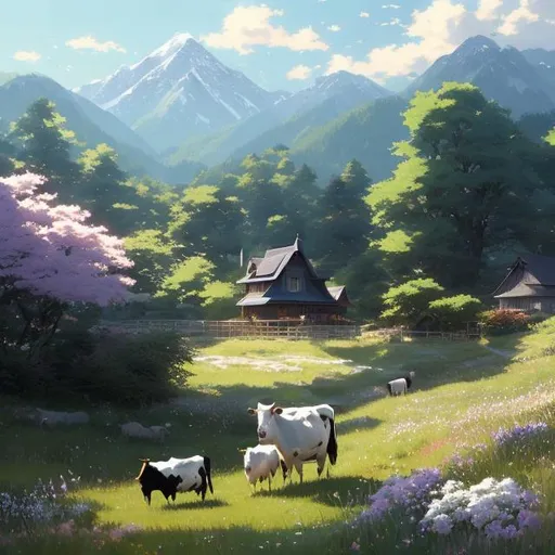 Prompt: 1 house with green meadow, mountain, white and black cows 

Illustration by Makoto shinkai.

heavenly beauty, 128k, 50mm, f/1. 4, high detail, sharp focus, highly detailed, detailed and high quality background, oil painting, digital painting, Trending on artstation, UHD, 128K, quality, artgerm, highest quality stylized concept masterpiece, award winning digital 3d, hyper-realistic, intricate, 128K, UHD, HDR, image of a gorgeous, beautiful, dirty, highly detailed , hyper-realistic  features, cinematic 3D volumetric, Full HD render + immense detail + dramatic lighting + well lit + fine | ultra - detailed realism, lighting, high - quality, engraved, ((photorealistic)), ((hyperrealistic))