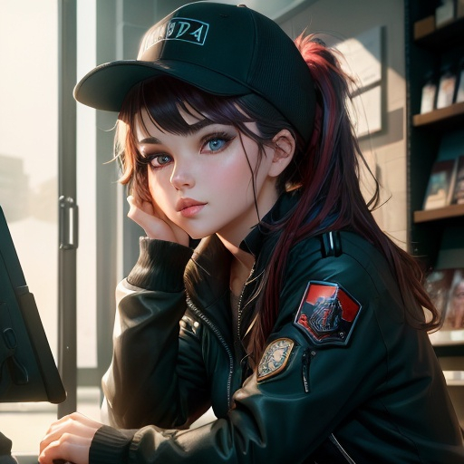 Prompt: Young woman, ponytail black with 
red highlights mossy goldy eyes, a baseball cap placed carelessly on her head. She has her head resting on one hand. She has black makeup, with black kohl. She is behind the counter of a geek store. She seems to be deeply bored, her hand holds her head. Dark atmosphere, old shop. She has a badge with her name, "Lucy". Flawless text. 4D. 300k, 50mm, f/1.4, sharp focus, reflections, high-quality background , UHD, sharp focus, reflections, high-quality background
illustration by Marc Simonetti Carne Griffiths, Conrad Roset, 3D anime girl, Full HD render + immense detail + dramatic lighting + well lit + fine | ultra - detailed realism, full body art, lighting, high - quality, engraved, ((photorealistic)), ((hyperrealistic)), ((perfect eyes)), ((perfect skin)), ((perfect hair)), ((perfect shadow)), ((perfect light))