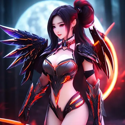 Prompt: white and black light armor with big cleavage , big ponytail hair , red gradient hair , orange gradient eye ,  android , archange wing
