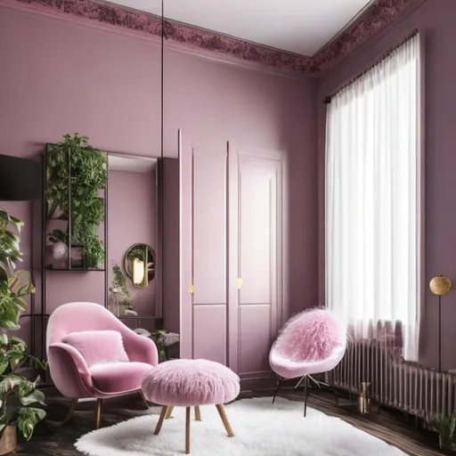 Prompt: 1 cozy armchair, pink, fluffy, in a living room with a black tiled floor, two windows with black hangings, walls with powder pink tapestry and gold designs, a natural wood wardrobe, a designer radiator, a designer chandelier with white feathers, a white carpet below a rectangular black designer living room coffee table, large flat screen TV on the walls with small designer storage unit below the TV on the floor, sound bars on either side small TV storage unit, bouquet of red roses in a black and white designer vase on the table

Illustration by Makoto shinkai.

heavenly beauty, 128k, 50mm, f/1. 4, high detail, sharp focus, perfect anatomy, highly detailed, detailed and high quality background, oil painting, digital painting, Trending on artstation, UHD, 128K, quality, Big Eyes, artgerm, highest quality stylized character concept masterpiece, award winning digital 3d, hyper-realistic, intricate, 128K, UHD, HDR, image of a gorgeous, beautiful, dirty, highly detailed face, hyper-realistic facial features, cinematic 3D volumetric,  3D anime girl, Full HD render + immense detail + dramatic lighting + well lit + fine | ultra - detailed realism, full body art, lighting, high - quality, engraved, ((photorealistic)), ((hyperrealistic))