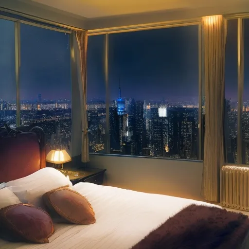 Prompt: a luxury bedroom , neon ,windows with a view of New York at night ((view of empire state bulding))