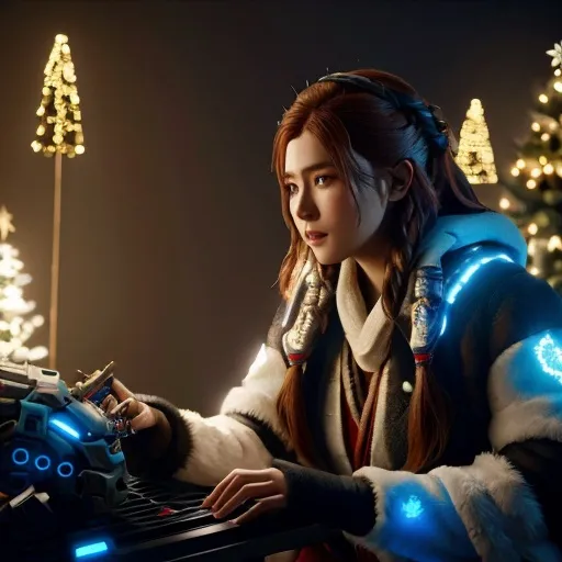 Prompt:  christmas , aloy 
with monster robotic machines , horizon zero dawn , 600K UHD