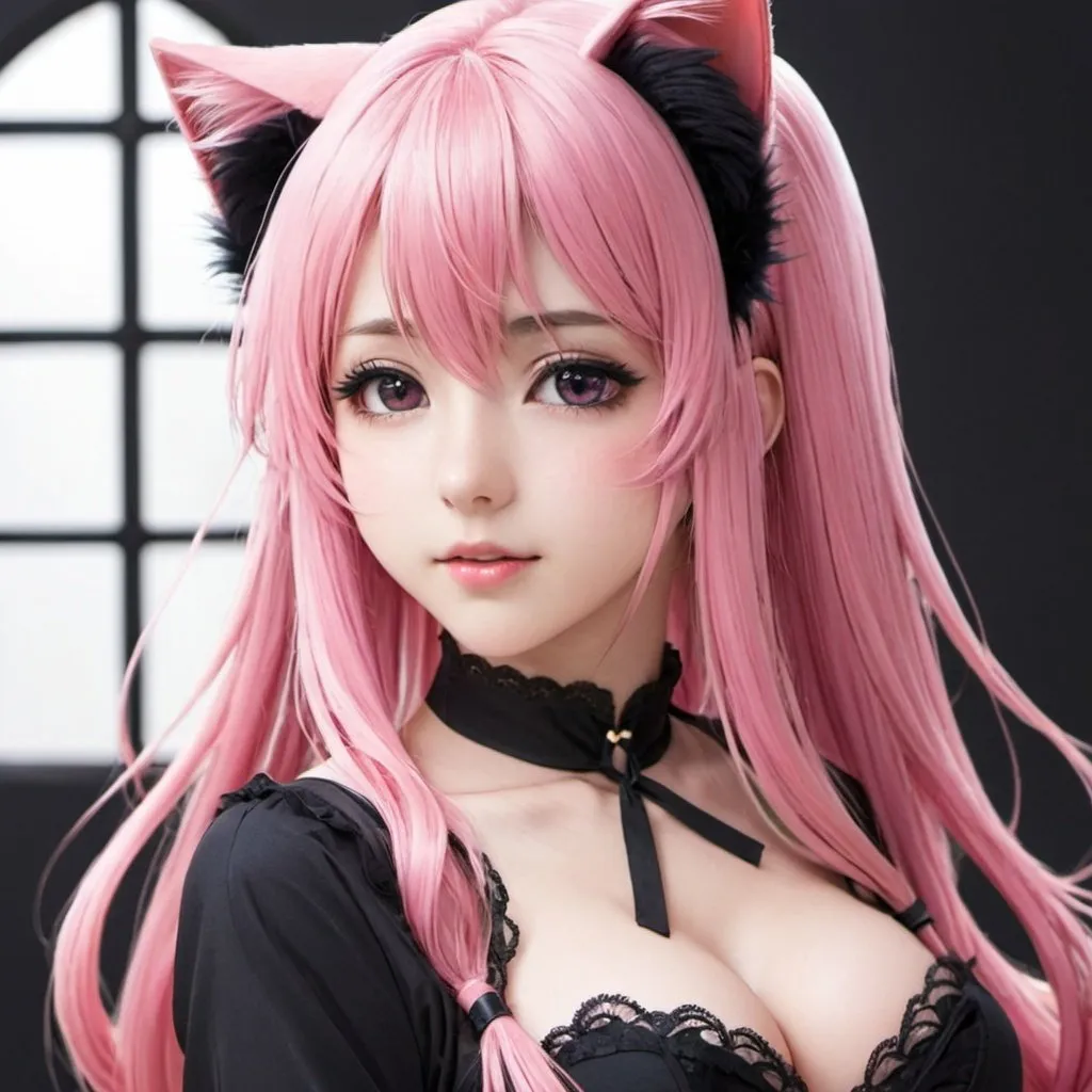 Prompt: anime, girl, detailed, long pink hair, shy, 
black cat ears, very detailed , black cat tail