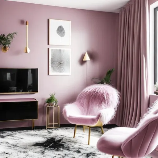 Prompt: 1 cozy armchair, pink, fluffy, in a living room with a black tiled floor, two windows with black hangings, walls with powder pink tapestry and gold designs, a natural wood wardrobe, a futurist radiator, a futurist chandelier with white feathers, a white carpet below a rectangular black futurist living room coffee table, large flat screen TV on the walls with small futurist storage unit below the TV on the floor, sound bars on either side small TV storage unit, bouquet of red roses in a black and white futurist vase on the table

Illustration by Makoto shinkai.

heavenly beauty, 128k, 50mm, f/1. 4, high detail, sharp focus, perfect anatomy, highly detailed, detailed and high quality background, oil painting, digital painting, Trending on artstation, UHD, 128K, quality,  artgerm, highest quality stylized character concept masterpiece, award winning digital 3d, hyper-realistic, intricate, 128K, UHD, HDR, image of a gorgeous, beautiful, dirty, highly , hyper-realistic features, cinematic 3D volumetric,   Full HD render + immense detail + dramatic lighting + well lit + fine | ultra - detailed realism, lighting, high - quality, engraved, ((photorealistic)), ((hyperrealistic))