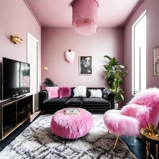 Prompt: 1 cozy armchair, pink, fluffy, in a living room with a black tiled floor, two windows with black hangings, walls with powder pink tapestry and gold designs, a natural wood wardrobe, a designer radiator, a designer chandelier with white feathers, a white carpet below a rectangular black designer living room coffee table, large flat screen TV on the walls with small designer storage unit below the TV on the floor, sound bars on either side small TV storage unit, bouquet of red roses in a black and white designer vase on the table

Illustration by Makoto shinkai.

heavenly beauty, 128k, 50mm, f/1. 4, high detail, sharp focus, perfect anatomy, highly detailed, detailed and high quality background, oil painting, digital painting, Trending on artstation, UHD, 128K, quality,  artgerm, highest quality stylized character concept masterpiece, award winning digital 3d, hyper-realistic, intricate, 128K, UHD, HDR, image of a gorgeous, beautiful, dirty, highly , hyper-realistic features, cinematic 3D volumetric,   Full HD render + immense detail + dramatic lighting + well lit + fine | ultra - detailed realism, lighting, high - quality, engraved, ((photorealistic)), ((hyperrealistic))