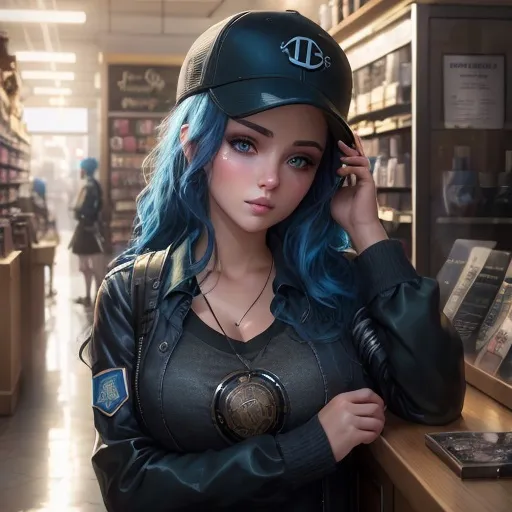 Prompt: Young woman, hair dyed blue, mossy blue eyes, a baseball cap placed carelessly on her head. She has her head resting on one hand. She has black makeup, with black kohl. She is behind the counter of a geek store. She seems to be deeply bored, her hand holds her head. Dark atmosphere, old shop. She has a badge with her name, "Lucy". Flawless text. 4D. 300k, 50mm, f/1.4, sharp focus, reflections, high-quality background , UHD, sharp focus, reflections, high-quality background
illustration by Marc Simonetti Carne Griffiths, Conrad Roset, 3D anime girl, Full HD render + immense detail + dramatic lighting + well lit + fine | ultra - detailed realism, full body art, lighting, high - quality, engraved, ((photorealistic)), ((hyperrealistic)), ((perfect eyes)), ((perfect skin)), ((perfect hair)), ((perfect shadow)), ((perfect light))