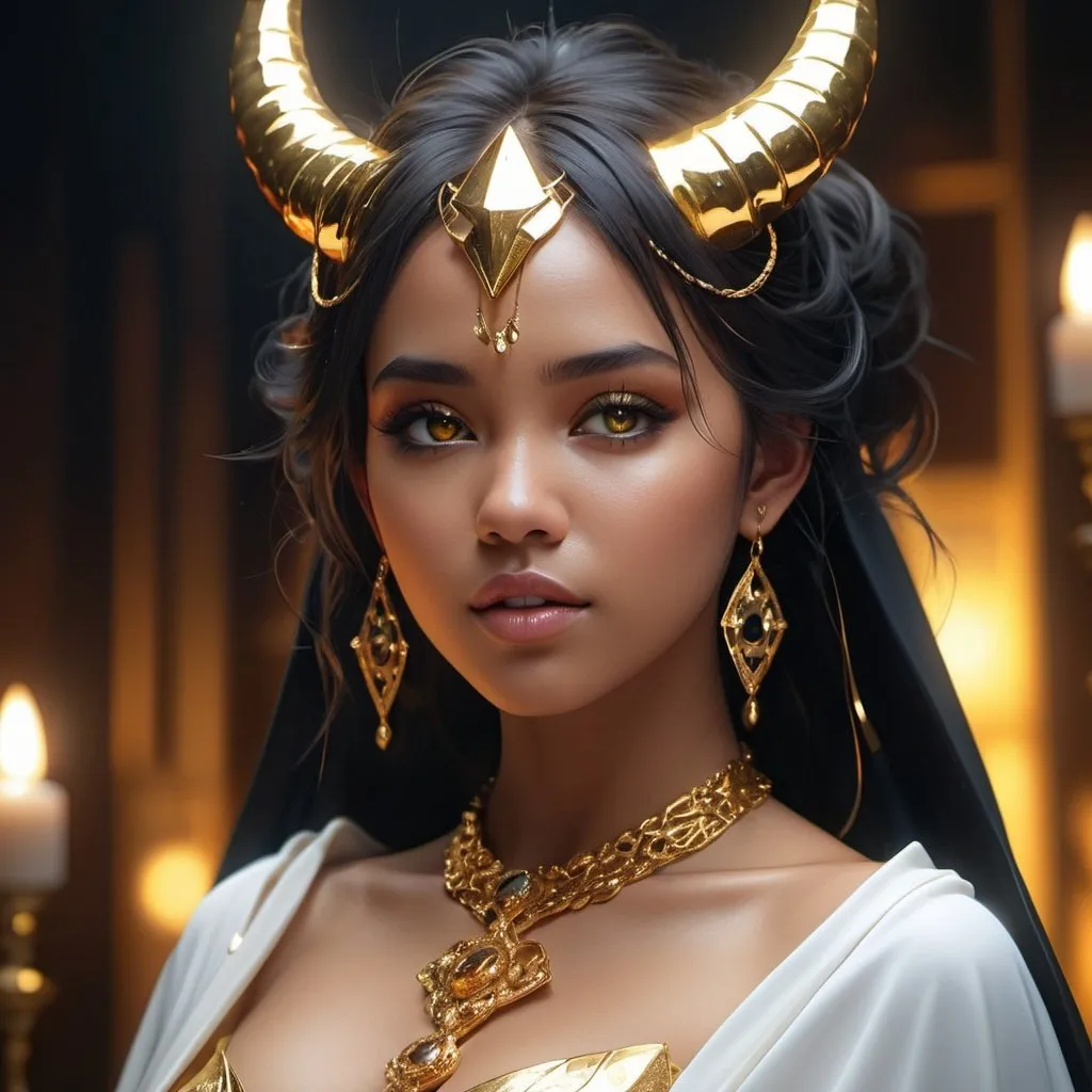 Prompt: female, colored skin, black skin, colored black skin, gold horns, curves, lava lamp horns, visible shoulders, detached sleeves, belly, jewelry, gold chain, necklace, white dress, cape with inner lining cosmic (black and gold), colored sclera, yellow eyes, black sclera, bow, low cut, keyhole, navel, white veil, ultra-detailed, high definition,wore, face, UHD , 300K , 50mm, f/1.4, sharp focus, reflections, high-quality background , UHD, sharp focus, reflections, high-quality background illustration by Marc Simonetti Carne Griffiths, Conrad Roset, 3D anime girl, Full HD render + immense detail + dramatic lighting + well lit + fine | ultra - detailed realism, full body art, lighting, high - quality, engraved, ((photorealistic)), ((hyperrealistic)), ((perfect eyes)), ((perfect skin)), ((perfect hair)), ((perfect shadow)), ((perfect light)) 800k UHD 100mm. 4D. 300k, 50mm, f/1.4, sharp focus, reflections, high-quality background , UHD, sharp focus, reflections, high-quality background illustration by Marc Simonetti Carne Griffiths, Conrad Roset, 3D anime girl, Full HD render + immense detail + dramatic lighting + well lit + fine | ultra - detailed realism, full body art, lighting, high - quality, engraved, ((photorealistic)), ((hyperrealistic)), ((perfect eyes)), ((perfect skin)), ((perfect hair)), ((perfect shadow)), ((perfect light))