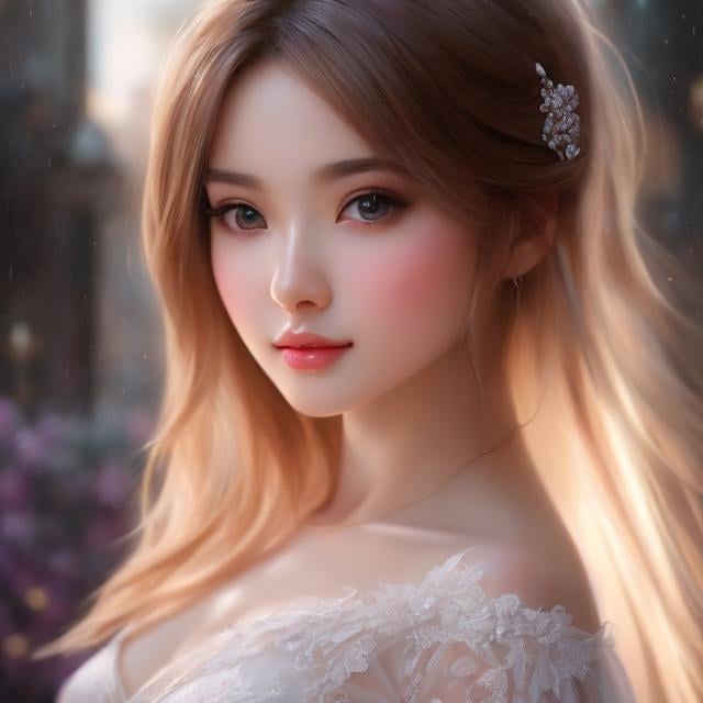 Prompt: a girl portrait heavenly beauty, 128k, 50mm, f/1. 4, high detail, sharp focus, perfect anatomy, highly detailed, detailed and high quality background, oil painting, digital painting, Trending on artstation, UHD, 128K, quality, Big Eyes, artgerm, highest quality stylized character concept masterpiece, award winning digital 3d, hyper-realistic, intricate, 128K, UHD, HDR, image of a gorgeous, beautiful, dirty, highly detailed face, hyper-realistic facial features, cinematic 3D volumetric, illustration by Marc Simonetti, Carne Griffiths, Conrad Roset, 3D anime girl, Full HD render + immense detail + dramatic lighting + well lit + fine | ultra - detailed realism, full body art, lighting, high - quality, engraved, ((photorealistic)), ((hyperrealistic)), ((perfect eyes)), ((perfect skin)), ((perfect hair))