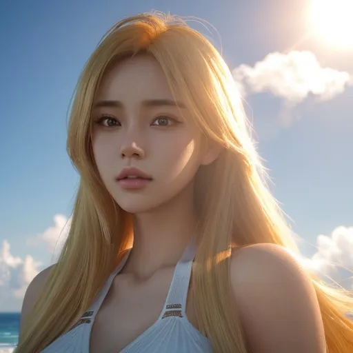 Prompt: bimbo , long yellow hair , cup D, human , swimwear , ultrarealistic, perfect face, ultrafuturistic background beach with sea Illustration by Makoto shinkai. heavenly beauty, 128k, 50mm, f/1. 4, high detail, sharp focus, perfect anatomy, highly detailed, detailed and high quality background, oil painting, digital painting, Trending on artstation, UHD, 128K, quality, Big Eyes, artgerm, highest quality stylized character concept masterpiece, award winning digital 3d, hyper-realistic, intricate, 128K, UHD, HDR, image of a gorgeous, beautiful, dirty, highly detailed face, hyper-realistic facial features, cinematic 3D volumetric, 3D anime girl, Full HD render + immense detail + dramatic lighting + well lit + fine | ultra - detailed realism, full body art, lighting, high - quality, engraved, ((photorealistic)), ((hyperrealistic))