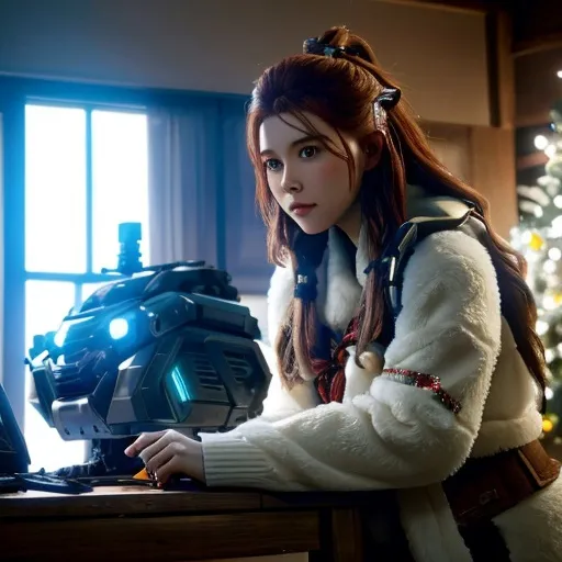 Prompt:  christmas , aloy 
with monster robotic machines , horizon zero dawn , 600K UHD