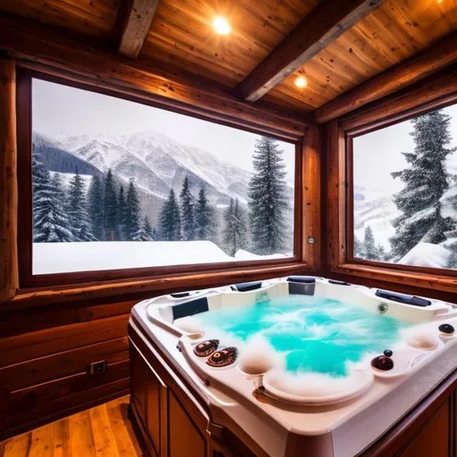 Prompt: Capture a precise, professional-grade in the highest possible quality photography chalet with a jacuzzi interior fluffy cozy window with view of a snowy mountain