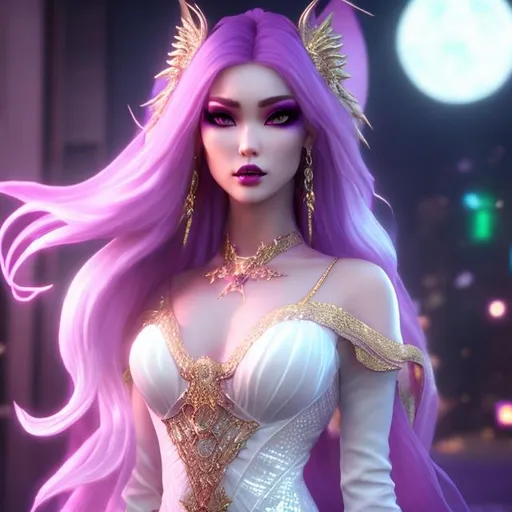 Prompt: dragon women , 28 years old , angry emotion,pretty women, aetheric , aetheric aura , long white hair , hair chain, thin eyes , gold iris , light dragonic makeup , light dragonic dress , lightweight holographic colored silk mitten , stiletto nails with mauve base color gradient to white , white styleto shoe , night background with a moon

Illustration by Makoto shinkai.

heavenly beauty, 128k, 50mm, f/1. 4, high detail, sharp focus, perfect anatomy, highly detailed, detailed and high quality background, oil painting, digital painting, Trending on artstation, UHD, 128K, quality, Big Eyes, artgerm, highest quality stylized character concept masterpiece, award winning digital 3d, hyper-realistic, intricate, 128K, UHD, HDR, image of a gorgeous, beautiful, dirty, highly detailed face, hyper-realistic facial features, cinematic 3D volumetric,  3D anime girl, Full HD render + immense detail + dramatic lighting + well lit + fine | ultra - detailed realism, full body art, lighting, high - quality, engraved, ((photorealistic)), ((hyperrealistic))

vaporwave aesthetic digital painting with neon purple lighting of a girl with very short pink hair , serious, wet hair, slim, fit, hdr, uhd, 8k, highly detailed, professional, vivid colors, punk rockmajestic , exuberant, on a beach, realistic, detailed, high fantasy, concept art, lush, vibrant, freckles. Galaxy Space. little girls at a party.