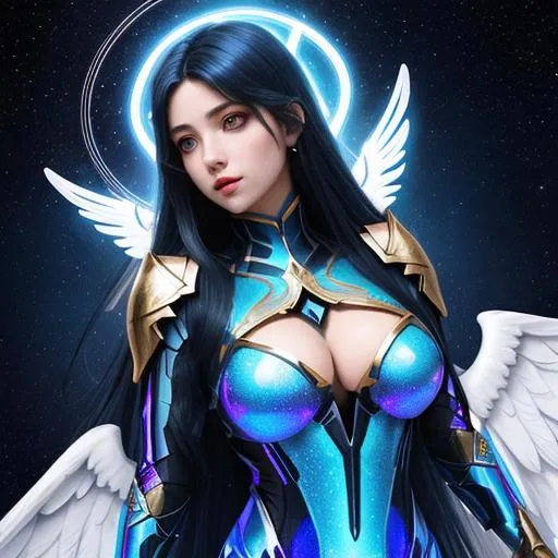 Prompt: women , light armor with big cleavage , midnight blue long hair, gold gradient eye , angel , holographic draped dress , angel wing , divine Halo

logo or text on clothes, painting, drawing, art, vector, flat, sketch, text, deformed, ugly, mutilated, disfigured, extra limbs, face cut, head cut, extra fingers, extra arms, poorly drawn face, mutation, bad proportions, cropped head, malformed limbs, mutated hands, fused fingers, long neck, strange colors, sketch, lacklustre, repetitive, cropped, low res, old, deformed, childish, ugly, duplicate, morbid, out of frame, mutated hands, poorly drawn hands, mutation, blurry, bad anatomy, bad proportions, malformed limbs, missing arms, missing legs, mutated hands, bad composition, compressed, low quality, lowres, watermark, cropped, worst quality, jpeg artifacts, signature, asymmetrical eyes, split images, mad, poor, low, malformed, letters, digits, abstract, logo, mad, weird colors, plastic, bad eyes, crossed eyes, mutated, poorly drawn hands, missing limb, floating limbs, disconnected limbs, malformed hands, blur, out of focus, long neck, long body, mutated hands and fingers, super ugly bad, super ugly bad composition, super ugly bad body anatomy, super ugly bad face, super ugly bad few details, super ugly bad quality

Illustration by Makoto shinkai.

heavenly beauty, 128k, 50mm, f/1. 4, high detail, sharp focus, perfect anatomy, highly detailed, detailed and high quality background, oil painting, digital painting, Trending on artstation, UHD, 128K, quality, Big Eyes, artgerm, highest quality stylized character concept masterpiece, award winning digital 3d, hyper-realistic, intricate, 128K, UHD, HDR, image of a gorgeous, beautiful, dirty, highly detailed face, hyper-realistic facial features, cinematic 3D volumetric,  3D anime girl, Full HD render + immense detail + dramatic lighting + well lit + fine | ultra - detailed realism, full body art, lighting, high - quality, engraved, ((photorealistic)), ((hyperrealistic))
