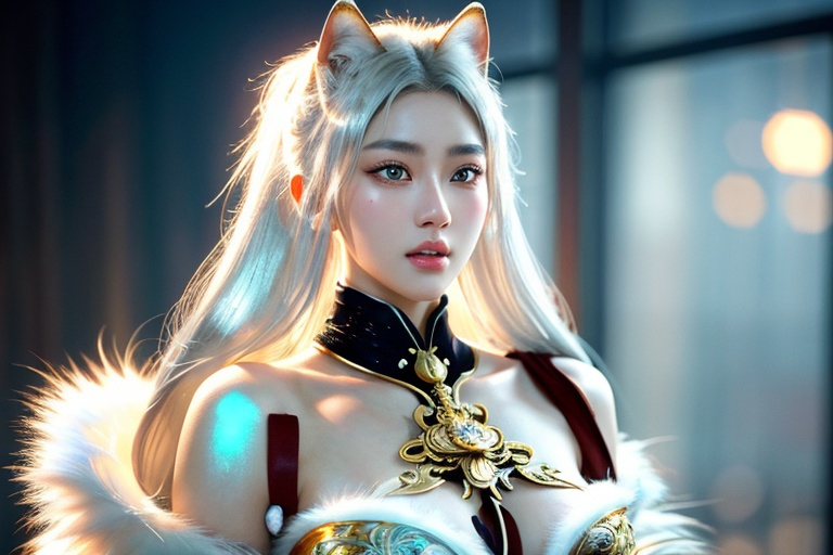 Prompt: kitsune female, delicate physique , Cup D, soft white fur, partial silver mask, gold eyes, intricate and ornate garments, cyberpunk Heavenly beauty, 128k, 50mm, f/1. 4, high detail, sharp focus, perfect anatomy, highly detailed, detailed and high quality background, oil painting, digital painting, Trending on artstation, UHD, 128K, quality, Big Eyes, artgerm, highest quality stylized character concept masterpiece, award winning digital 3d, hyper-realistic, intricate, 128K, UHD, HDR, image of a gorgeous, beautiful, dirty, highly detailed face, hyper-realistic facial features, cinematic 3D volumetric, 