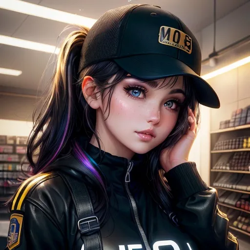 Prompt: Young woman, ponytail black with 
rainbow highlights mossy yellow gold eyes, a baseball cap placed carelessly on her head. She has her head resting on one hand. She has black makeup, with black kohl. She is behind the counter of a geek store. She seems to be deeply bored, her hand holds her head. Dark atmosphere, old shop. She has a badge with her name, "Lucy". Flawless text , parted bangs. 4D. 300k, 50mm, f/1.4, sharp focus, reflections, high-quality background , UHD, sharp focus, reflections, high-quality background
illustration by Marc Simonetti Carne Griffiths, Conrad Roset, 3D anime girl, Full HD render + immense detail + dramatic lighting + well lit + fine | ultra - detailed realism, full body art, lighting, high - quality, engraved, ((photorealistic)), ((hyperrealistic)), ((perfect eyes)), ((perfect skin)), ((perfect hair)), ((perfect shadow)), ((perfect light))