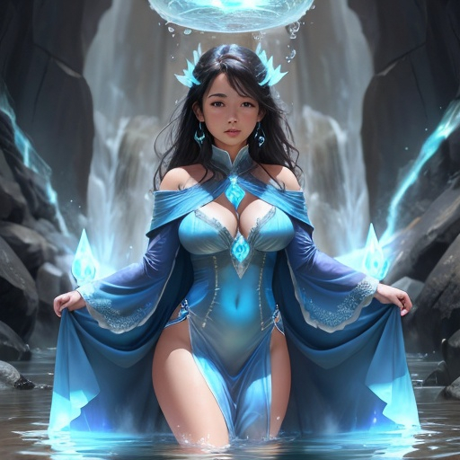 Prompt: a woman with water elemental magical powers  drapped dress