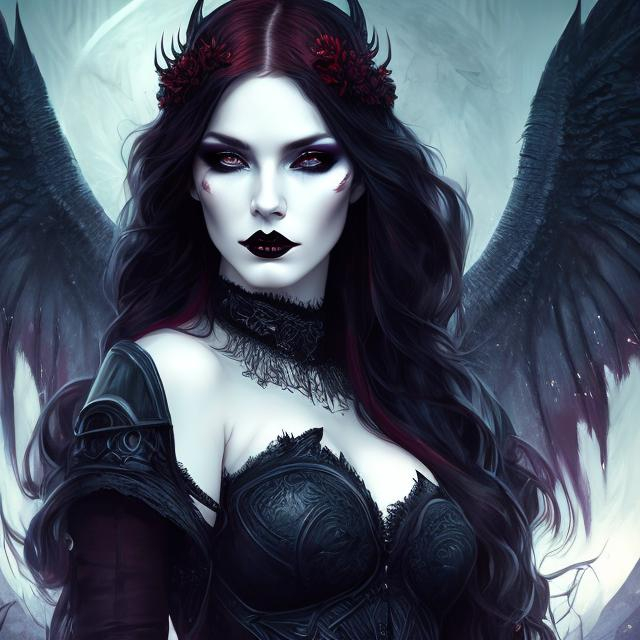 Prompt: girl , hell, demon, 30 years old, long red hair with black highlights, black conjunctiva with red iris, goth clothe , elbow on knees hands together, seatting on a the hell throne, parted bangs, ethereal, royal vibe, highly detailed, digital painting, Trending on artstation, Big Eyes, artgerm, highest quality stylized character concept masterpiece, award winning digital 3d oil painting art, hyper-realistic, intricate, 64k, UHD, HDR, image of a gorgeous, beautiful, dirty, highly detailed face, hyper-realistic facial features, perfect anatomy in perfect composition of professional, long shot, sharp focus photography, cinematic 3d volumetric