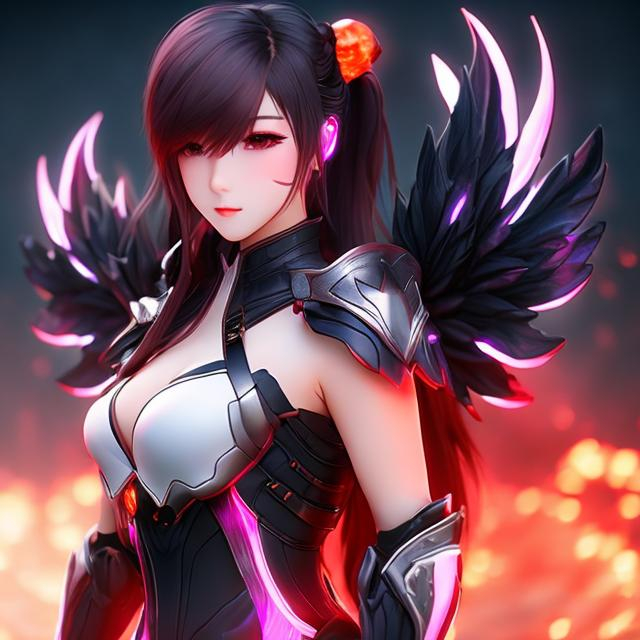 Prompt: white and black light armor with big cleavage , big ponytail hair , red gradient hair , orange gradient eye ,  android , archange wing