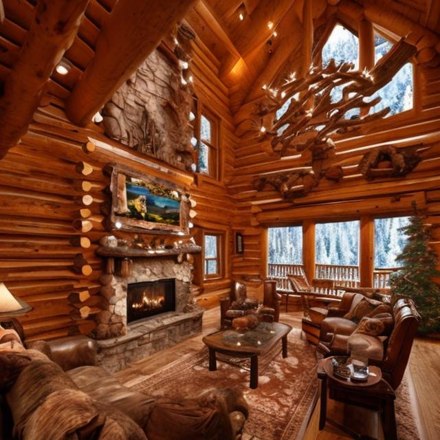 Prompt: Beautiful Alaskan Snowy Mountain Creation forest fir two-story log cabin style cabin from pioneer log home forest animals