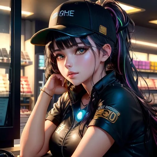 Prompt: Young woman, ponytail black with 
rainbow highlights mossy yellow gold eyes, a baseball cap placed carelessly on her head. She has her head resting on one hand. She has black makeup, with black kohl. She is behind the counter of a geek store. She seems to be deeply bored, her hand holds her head. Dark atmosphere, old shop. She has a badge with her name, "Lucy". Flawless text , parted bangs. 4D. 300k, 50mm, f/1.4, sharp focus, reflections, high-quality background , UHD, sharp focus, reflections, high-quality background
illustration by Marc Simonetti Carne Griffiths, Conrad Roset, 3D anime girl, Full HD render + immense detail + dramatic lighting + well lit + fine | ultra - detailed realism, full body art, lighting, high - quality, engraved, ((photorealistic)), ((hyperrealistic)), ((perfect eyes)), ((perfect skin)), ((perfect hair)), ((perfect shadow)), ((perfect light))