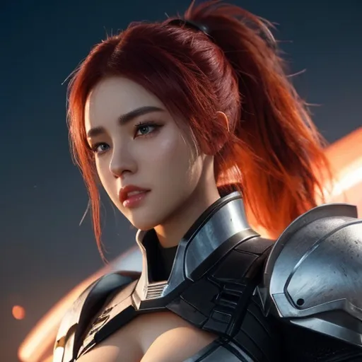 Prompt: white and black light armor with big cleavage , big ponytail hair , red gradient hair , orange gradient eye , android, highly detailed, digital painting, Trending on artstation, Big Eyes, artgerm, highest quality stylized character concept masterpiece, award winning digital 3d oil painting art, hyper-realistic, intricate, 64k, UHD, HDR, image of a gorgeous, beautiful, dirty, highly detailed face, hyper-realistic facial features, perfect anatomy in perfect composition of professional, long shot, sharp focus photography, cinematic 3d volumetric