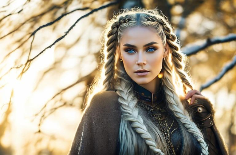 Prompt: a norse shamanic woman with long blonde braided hair light norse leather clothing with little fur shamanic painting face Fashion photography, Pulitzer Prize-winning photography, Bokeh, Volumetric Lighting, Golden Hour, Soft natural lighting, and Film gain.portrait heavenly beauty, 128k, 50mm, f/1. 4, high detail, sharp focus, perfect anatomy, highly detailed, detailed and high quality background, oil painting, digital painting, Trending on artstation, UHD, 128K, quality, Big Eyes, artgerm, highest quality stylized character concept masterpiece, award winning digital 3d, hyper-realistic, intricate, 128K, UHD, HDR, image of a gorgeous, beautiful, dirty, highly detailed face, hyper-realistic facial features, cinematic 3D volumetric, illustration by Marc Simonetti, Carne Griffiths, Conrad Roset, 3D anime girl, Full HD render + immense detail + dramatic lighting + well lit + fine | ultra - detailed realism, full body art, lighting, high - quality, engraved, ((photorealistic)), ((hyperrealistic)), ((perfect eyes)), ((perfect skin)), ((perfect hair))