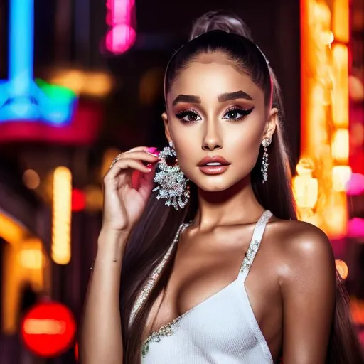 Prompt: Photo, portrait, very close up, 1girl, Ariana Grande , lipstick gloss, crouching in a narrow street, illuminated by neon lights at night, in front of a night club, looking directly at the camera, low-angle shot, heavenly beauty, 8k, 50mm, f/1. 4, high detail, sharp focus, perfect anatomy, highly detailed, detailed and high quality background, oil painting, digital painting, Trending on artstation, UHD, 128K, quality, Big Eyes, artgerm, highest quality stylized character concept masterpiece, award winning digital 3d, hyper-realistic, intricate, 128K, UHD, HDR, image of a gorgeous, beautiful, dirty, highly detailed face, hyper-realistic facial features, cinematic 3D volumetric, illustration by Marc Simonetti, Carne Griffiths, Conrad Roset, 3D anime girl, Full HD render + immense detail + dramatic lighting + well lit + fine | ultra - detailed realism, full body art, lighting, high - quality, engraved |