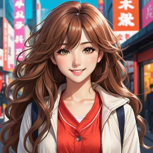 Prompt: Create a detailed illustration of a manga girl with long, wavy hair, expressive eyes, and a sweet smile. She wears a stylish, modern outfit, and stands in front of a vibrant urban backdrop that reflects Japanese pop culture. The style should be lively and colorful, with particular attention to details and textures